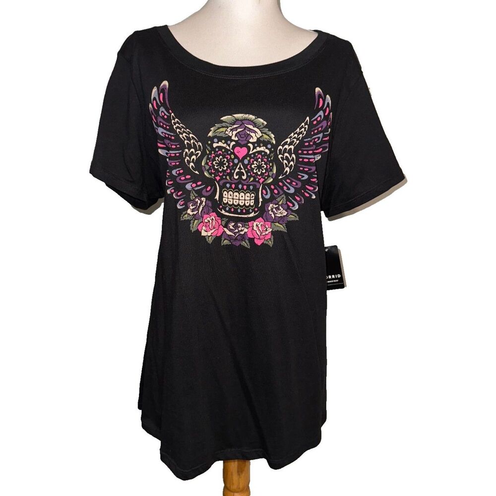 Torrid Sugar Skull w/Wings Black Crew Neck Graphic T-Shirt Size 0 *NWT